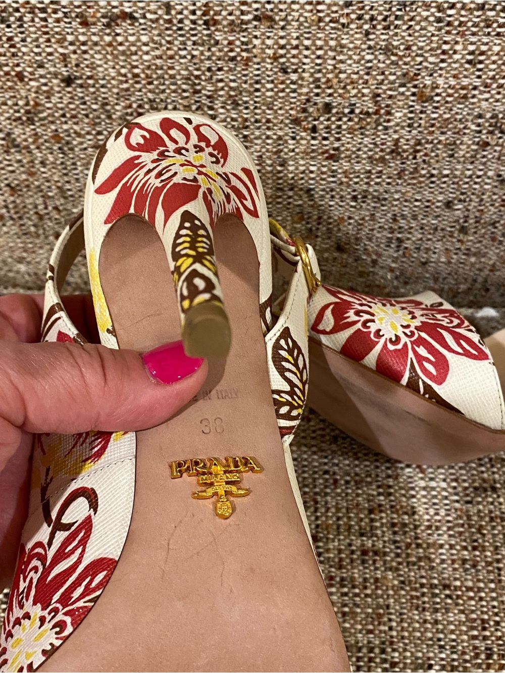Prada Cream Floral Slingback Heels with Red & Yellow Accents - Picture 12 of 14